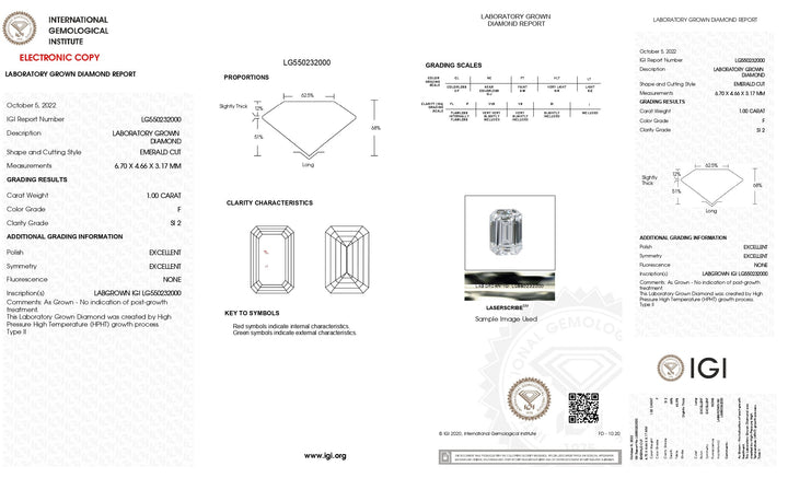 IGI Certified 0.50 CT Emerald Cut Lab-Grown Diamond - F Color, SI2 Clarity