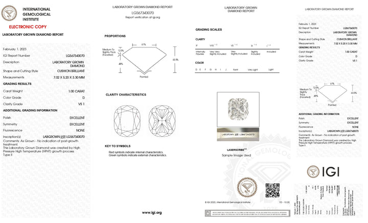 IGI Certified 1.00 CT Long Cushion Cut Lab-Grown Diamond - D Color, VS1 Clarity