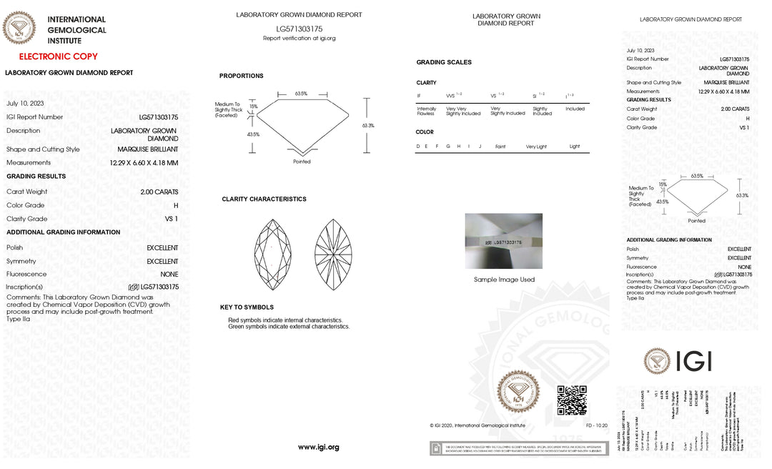 IGI Certified 2.00 CT Marquise Cut Lab Grown Diamond: VS1 Clarity, H Color Grade