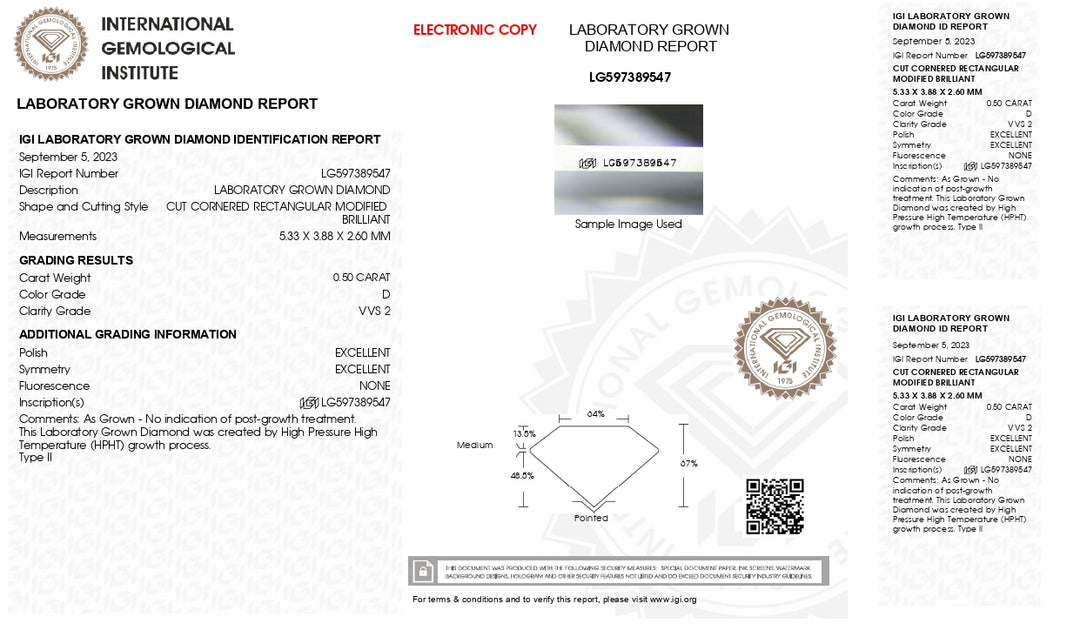 IGI Certified 0.50 CT Radiant Cut Lab Grown Diamond - D Color, VVS2 Clarity