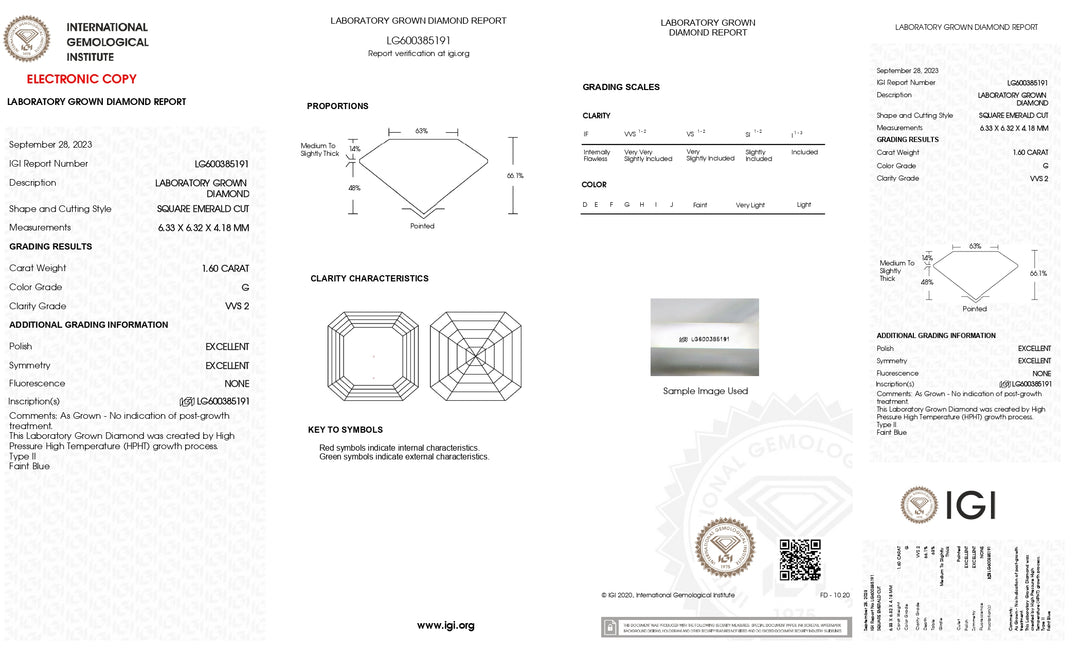 IGI certifié 1,60 ct carré émeraude émeraude coupé en laboratoire diamant - Vvs2 Clarity, g couleur