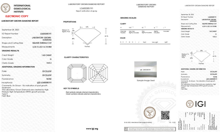 IGI certifié 1,60 ct carré émeraude émeraude coupé en laboratoire diamant - Vvs2 Clarity, g couleur