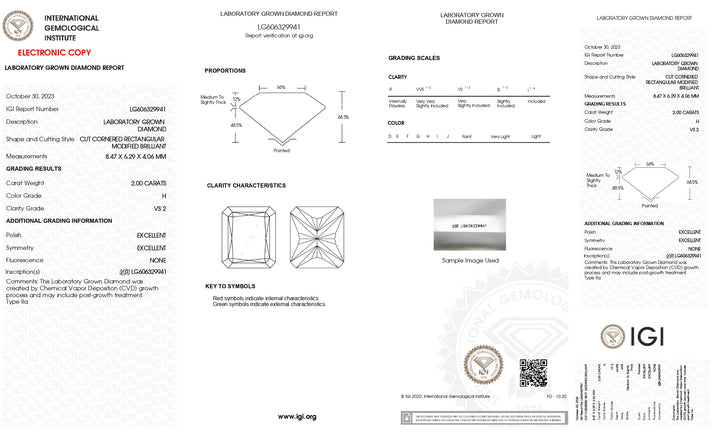 Сертифицированный IGI 2,00 CT Radiant Cut Lab Grown Diamond: H Color, VS2 Clarity