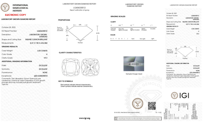 IGI Certified 3.00 CT Lab Grown Cushion Cut Diamond - VS2 Clarity, H Color