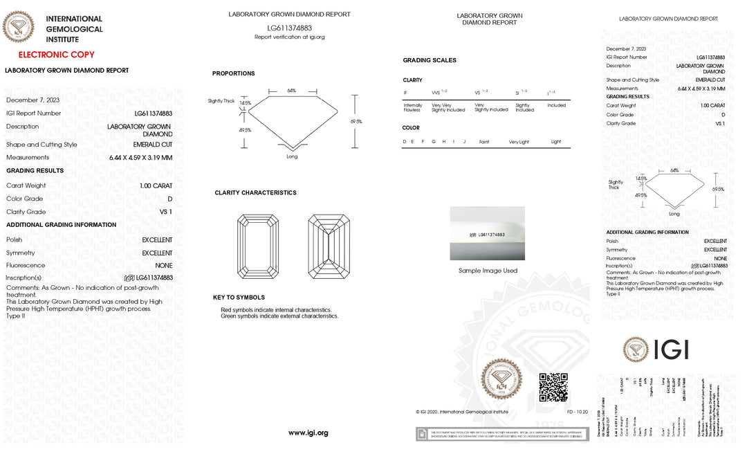 IGI Certified 1.00 CT Emerald Cut Lab Grown Diamond - Vynikající vs1 Clarity, D Color