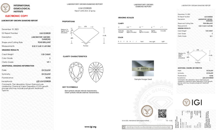IGI Certified 1.00 CT Pear Cut Lab-Grown Diamond | VS1 Clarity | E Color