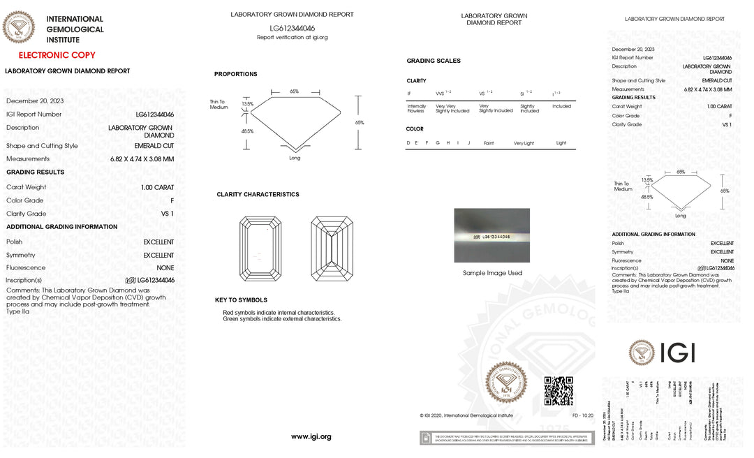 IGI Certified 1.00 CT Emerald Cut Lab Grown Diamond - Vynikající vs1 Clarity, krásná F Color