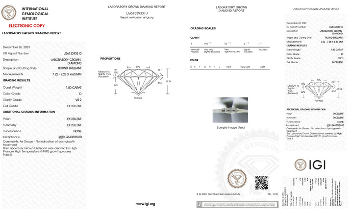 IGI -sertifioitu 1,50 ct pyöreä laboratorio kasvanut timantti - D -väri, vs2 selkeys