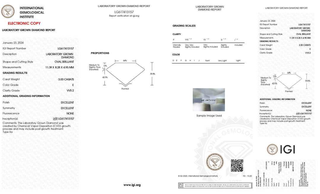 Impressive 3.00 CT Oval Cut Lab Grown Diamond - IGI Certified, E Color, VVS2 Clarity