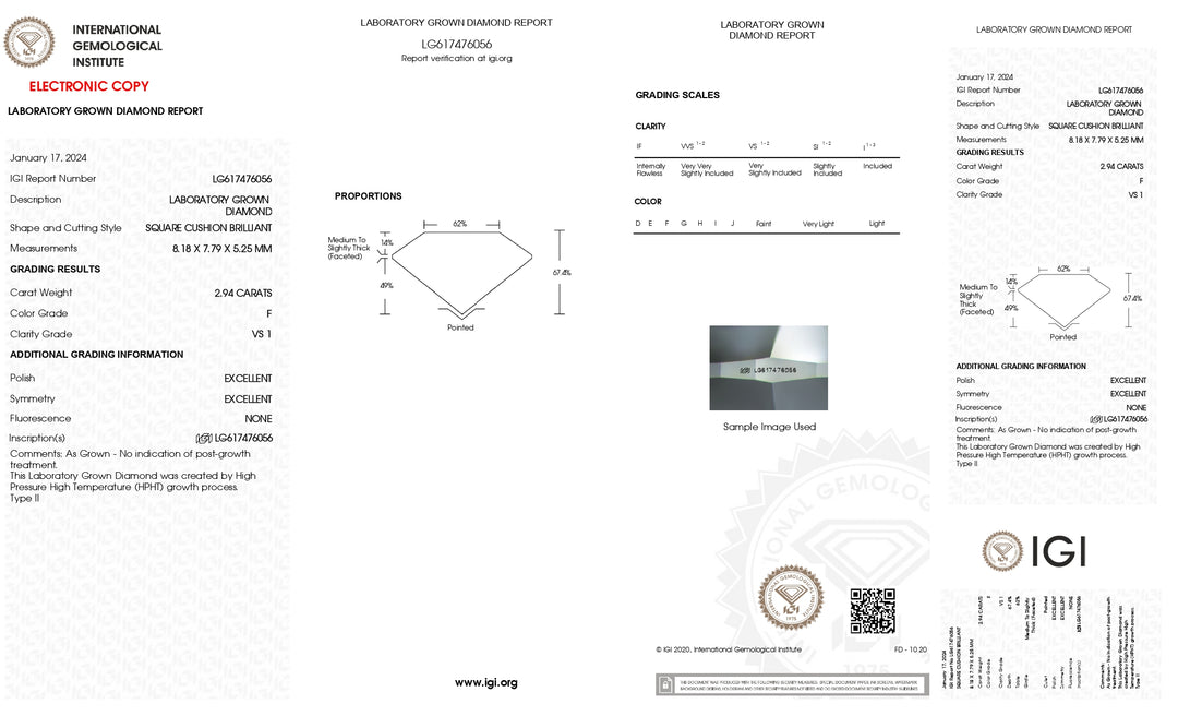 IGI מוסמך 2.94 CT CUSHION CUT DIAMOND BROUNDOLE DIAMOND - צבע F, VS1 Clarity