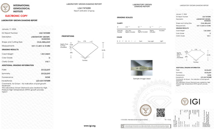 IGI Certified 1.50 CT Oval Lab Grown Diamond - D Color, VVS1 Clarity