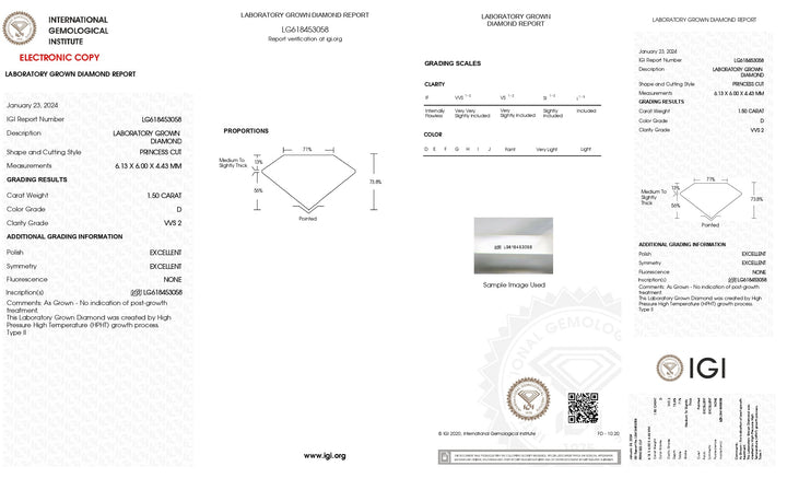 IGI מוסמך 1.50 CT נסיכה חתוכה מעבדה מגודלת יהלום - בהירות VVS2 יוצאת דופן, צבע D מדהים