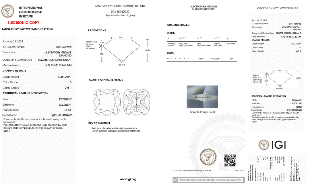 IGI Certified 1.00 CT Cushion Cut Lab Grown Diamond: VVS1 Clarity, D Color Grade