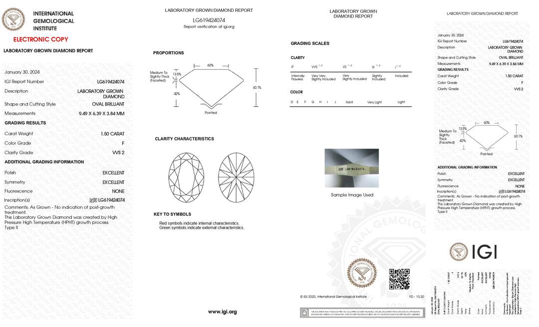 Impressive IGI Certified 1.50 CT Oval Lab Grown Diamond: F Color, VVS2 Clarity