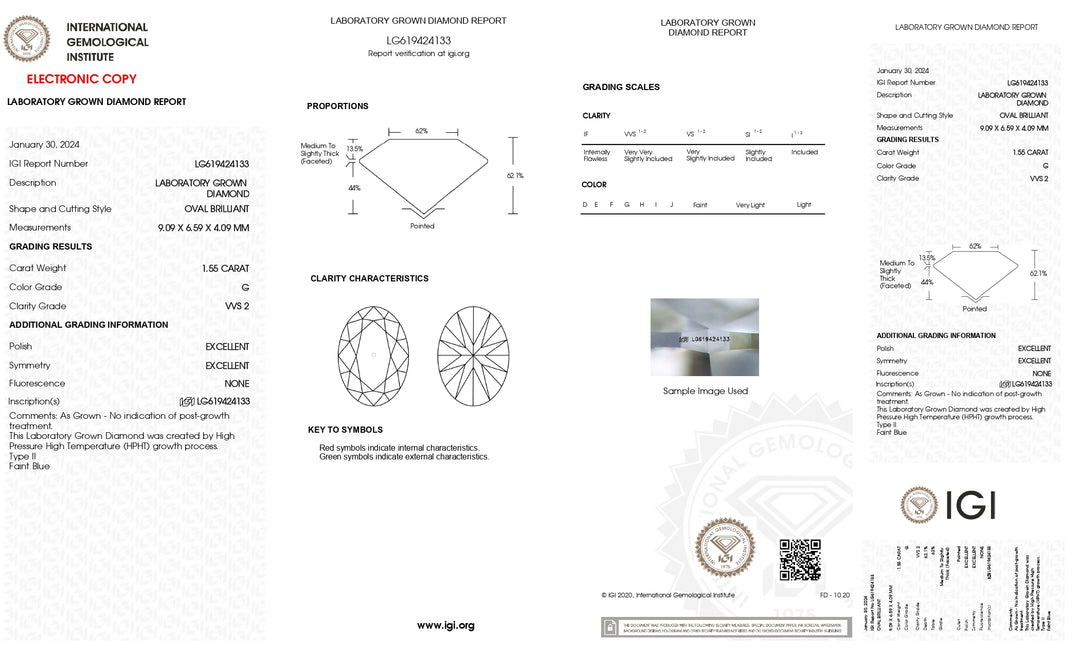 IGI معتمد 1.55 CT OVAL CUT LAB GROWN DAIMOND | وضوح VVS2 | اللون