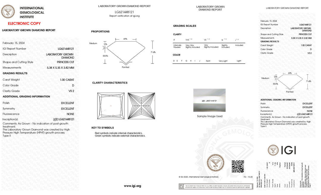IGI Certified 1.00 CT Princess Cut Lab-Grown Diamond | VS2 Clarity | D Color