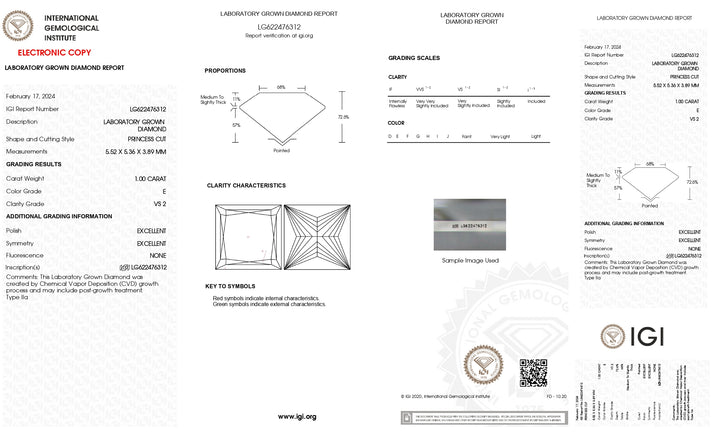 IGI Certified 1.00 CT Princess Cut Lab-Grown Diamond | VS2 Clarity | E Color