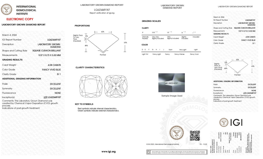 IGI certifié 4.08 ct coussin coupé en laboratoire Diamond - Clarité SI1, couleur bleu vif fantaisie