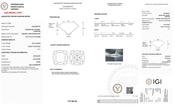 IGI certifié 4.08 ct coussin coupé en laboratoire Diamond - Clarité SI1, couleur bleu vif fantaisie