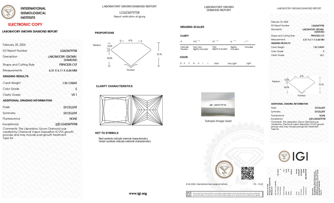 IGI zertifiziert 1,53 CT Prinzessin Cut Labor -Diamant -E -Farbe, VS1 Klarheit