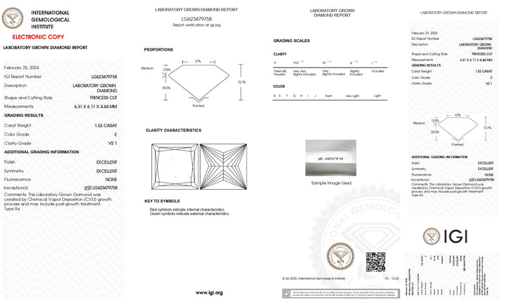 IGI zertifiziert 1,53 CT Prinzessin Cut Labor -Diamant -E -Farbe, VS1 Klarheit