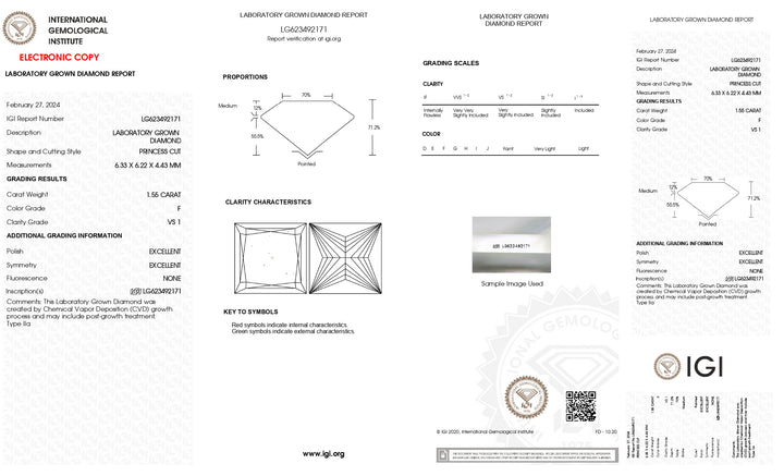 IGI gecertificeerd 1,55 CT Princess Cut Lab Gegroeide diamant - vs1 Clarity, F Color