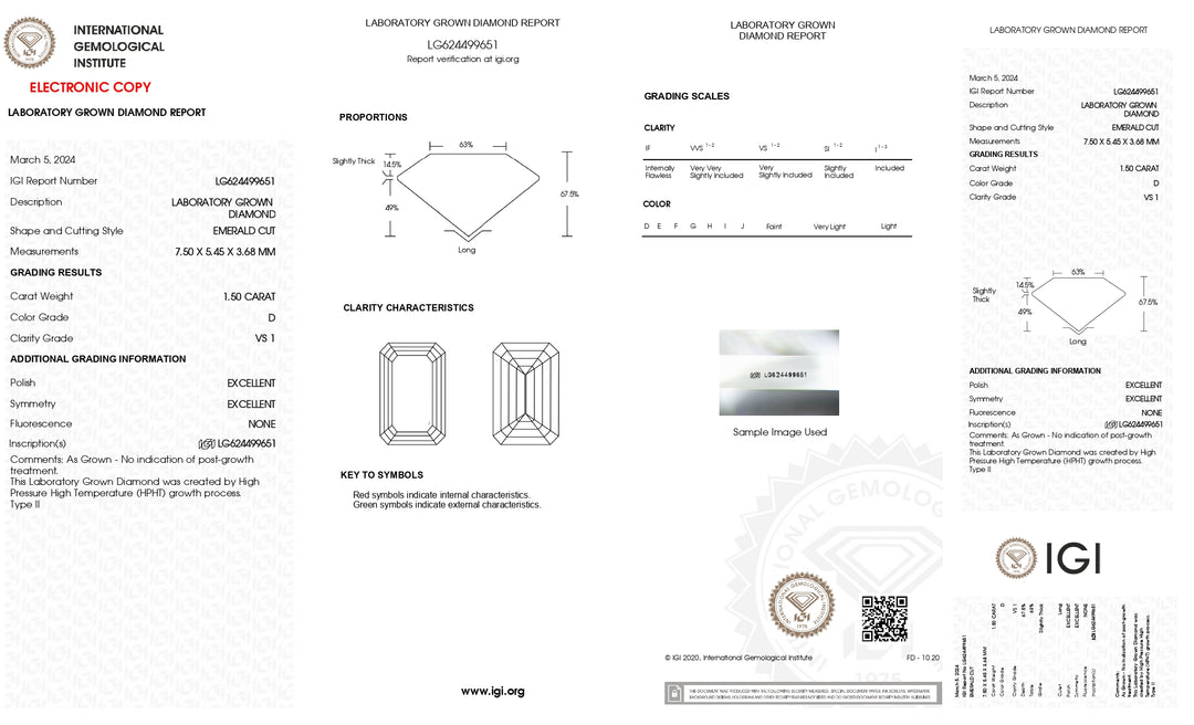 Sophisticated 1.50 CT IGI Certified Lab Grown Emerald Cut Diamond | D Color, VS1 Clarity