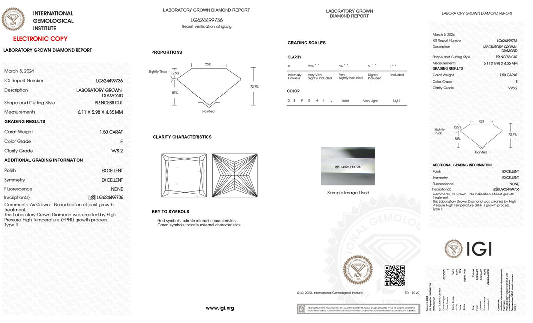 IGI Certified 1.50 CT Princess Cut Lab Growmon Diamond - Vivid E Color ، وضوح VVS2 استثنائي