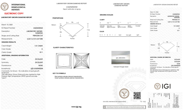 IGI gecertificeerd 1,51 CT Princess Cut Lab Gegroeide diamant - VS1 Clarity, D Color