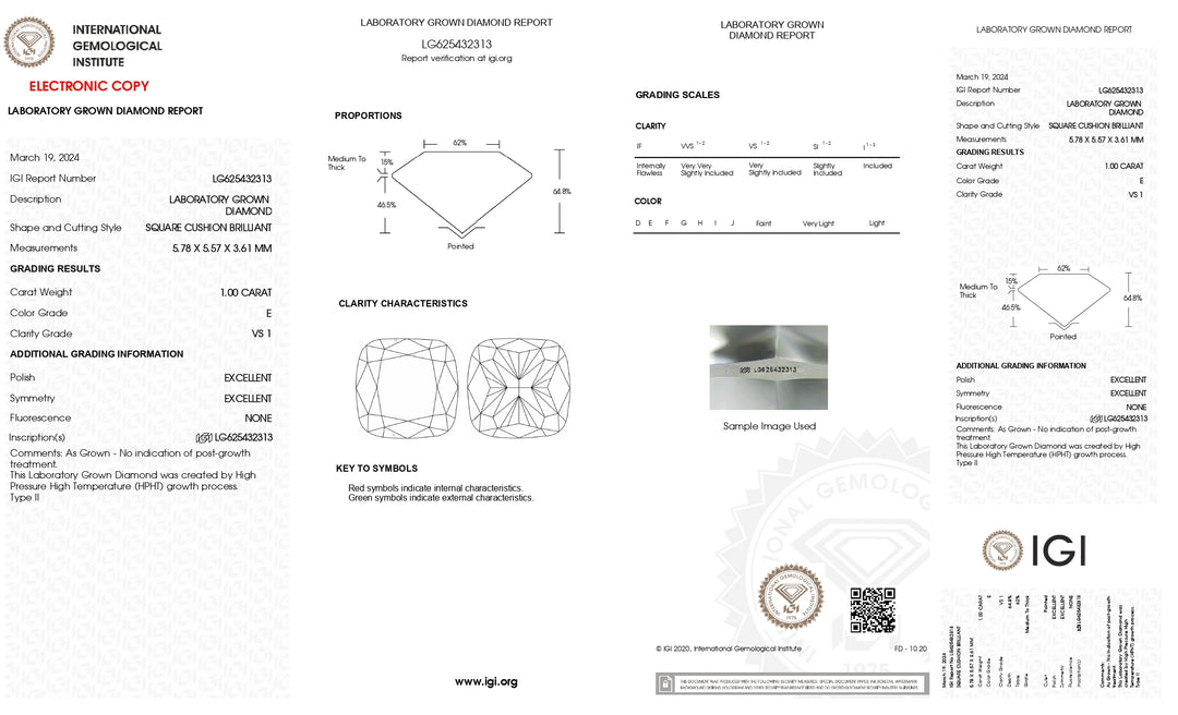 IGI Certified 1,00 CT CUSION CUSH LAB pěstovaný diamant: VS1 Clarity, podmanivá e barva E