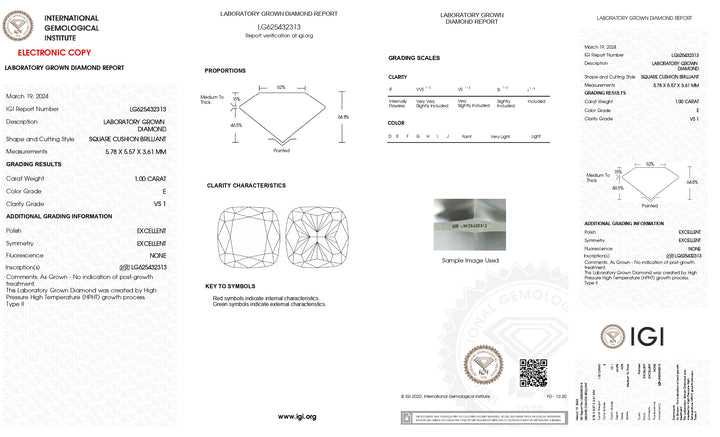 IGI Certified 1,00 CT CUSION CUSH LAB pěstovaný diamant: VS1 Clarity, podmanivá e barva E