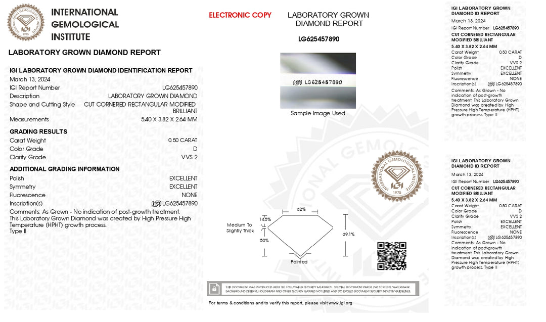 IGI Certified 0.50 CT Radiant Cut Lab Grown Diamond - D Color, VVS2 Clarity
