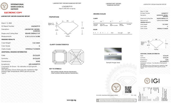 IGI Certified 1,52 CT Lab -pěstované čtvercové smaragdové diamantové - D barva, vnitřně bezchybná