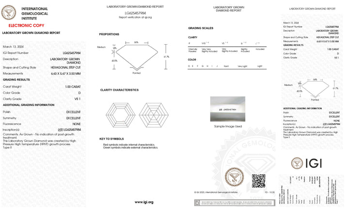 IGI Certified 1.00 CT Hexagonal Cut Lab Grown Diamond | D Color, VS1 Clarity