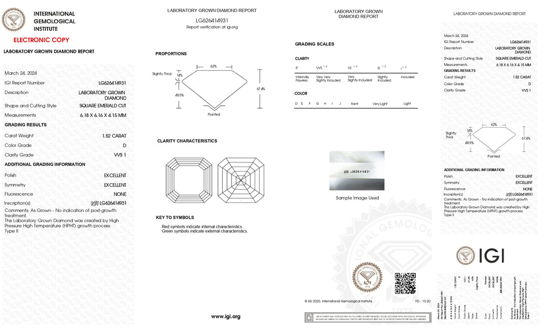 IGI certifié 1,52 ct carré émeraude coupé en laboratoire diamant - Vvs1 Clarity, D Couleur