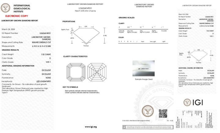 IGI certifié 1,52 ct carré émeraude coupé en laboratoire diamant - Vvs1 Clarity, D Couleur