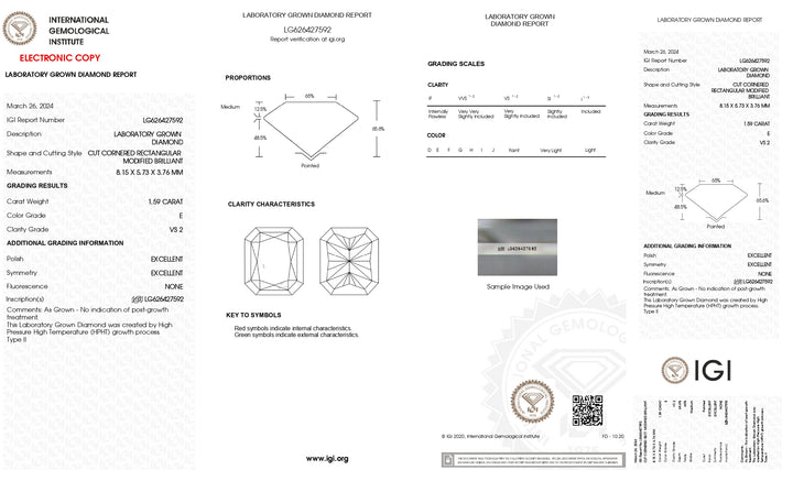 IGI gecertificeerd 1,59 CT Radiant Cut Lab Gegroeide diamant, VS2 Clarity, E Color