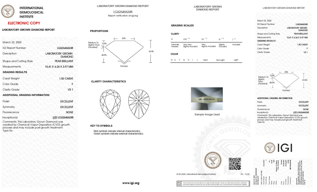 رائع 1.50 CT Pear Cut Lab Growman Diamond - IGI Certified ، F Color ، VS1 Clarity