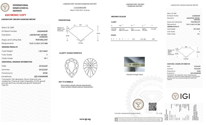 رائع 1.50 CT Pear Cut Lab Growman Diamond - IGI Certified ، F Color ، VS1 Clarity