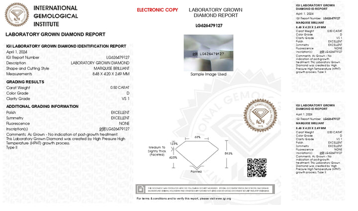 IGI Certified 0.50 CT Marquise Cut Lab Grown Diamond - D Color, VS1 Clarity