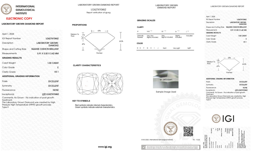 IGI Certified 1.00 CT Cushion Cut Lab Grown Diamond: VS1 Clarity, E Color Grade