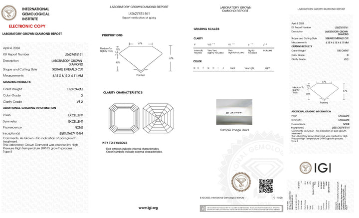 1,50 ct pătrat de smarald tăiat laborator cultivat diamant - certificat IGI, culoare D, Claritate VS2