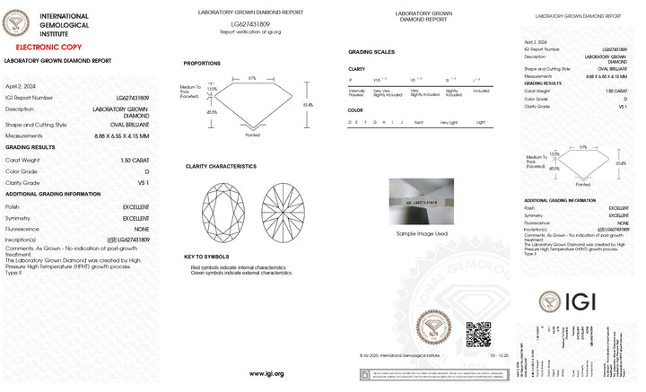 IGI معتمد 1.50 CT OVAL Diamond - D Color ، VS1 Clarity