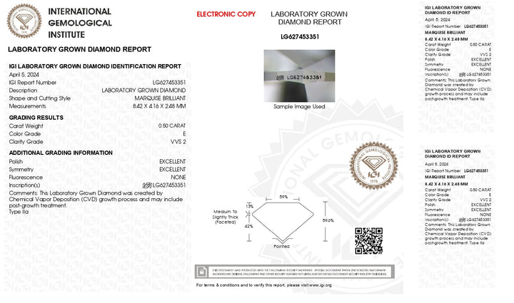 Diamante coltivato da laboratorio in marchesa certificato IGI, CLATRITY VVS2 CLARITY
