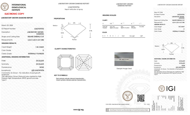 IGI Certified 1,55 CT Lab -pěstované čtvercové smaragdové diamantové - D barva, vnitřně bezchybná