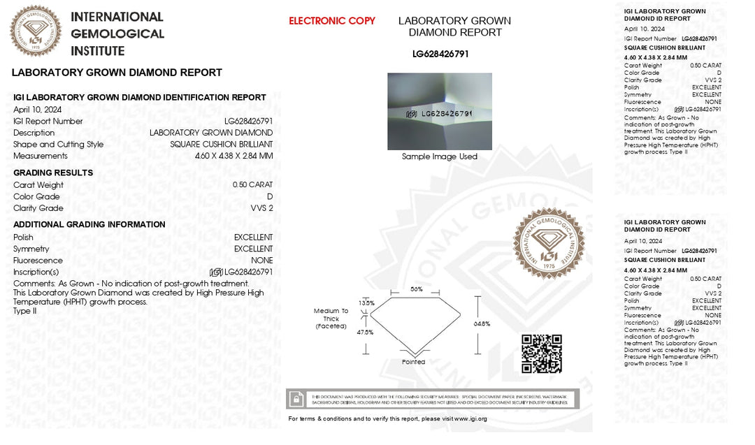 IGI gecertificeerd 0,50 CT Cushion Cut Lab Gegroeide diamant - D kleur, VVS2 Clarity