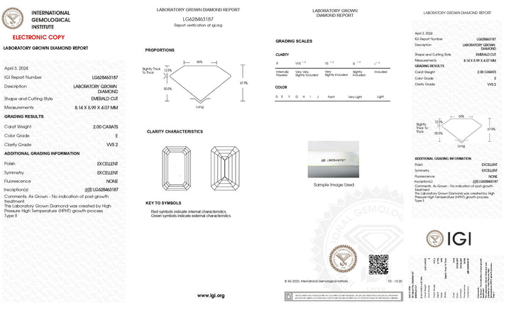 IGI Certified 2.00 CT Lab-Grown Diamond - E Color, VVS2 Clarity, Emerald Cut