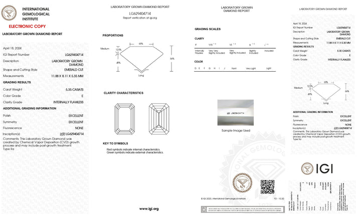 IGI -certificeret 5,35 CT Emerald Cut Lab -dyrket diamant - Hvis klarhed, E -farve