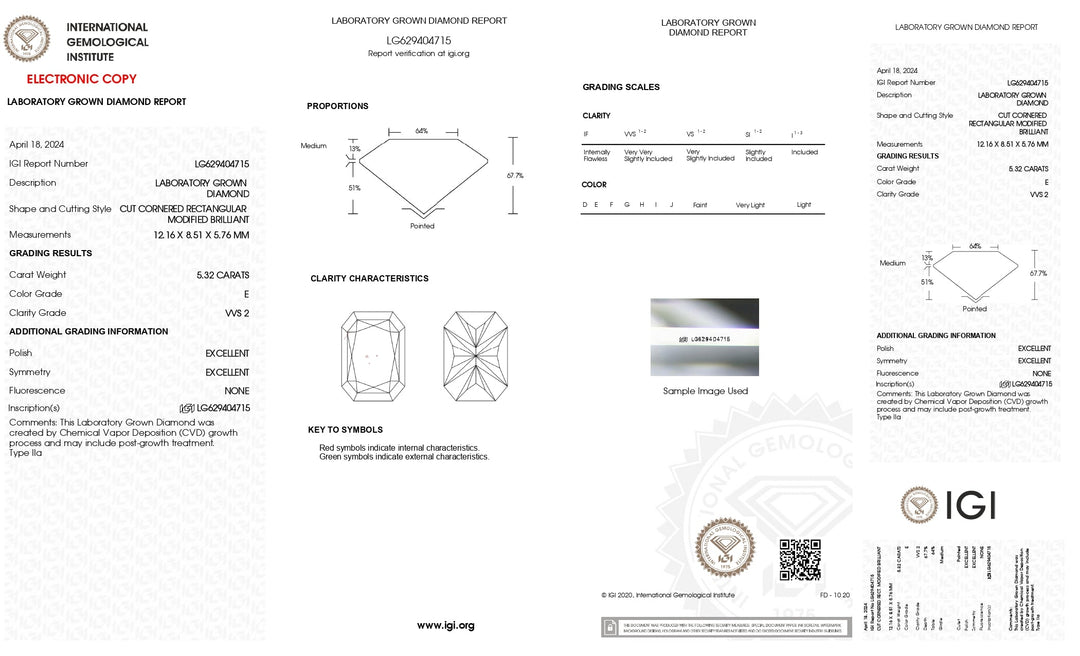 IGI Certified 5.32 CARAT RADIANT CUT LAB DIAMOND, E COLOR, VVS2 CLARITY