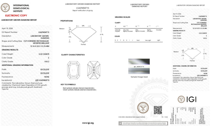 IGI Certified 5.32 CARAT RADIANT CUT LAB DIAMOND, E COLOR, VVS2 CLARITY